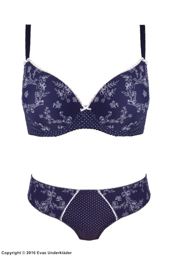 Push-up bra, small dots, subtle floral pattern, A to F-cup